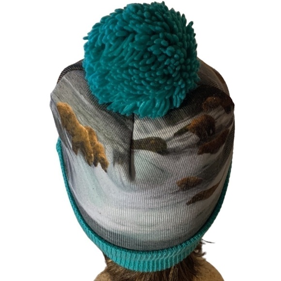 MITCHELL & Ness Aqua Knit Bear Print Hat Pom Pom Beanie Cap - NWOT - Picture 6 of 9